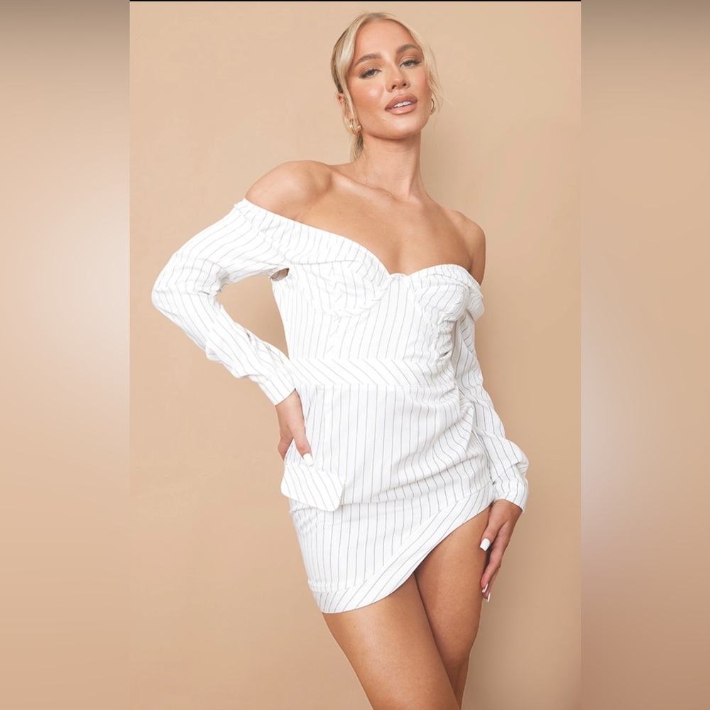 White Pinstripe Underwired Asymmetric Hem Bodycon Dress